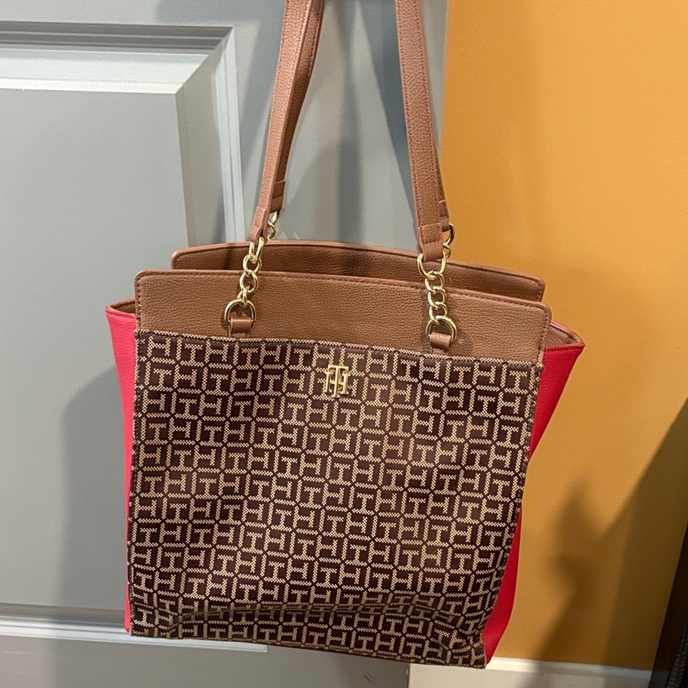 Tommy Hilfiger Brown Monogram Tote with Pink Sides